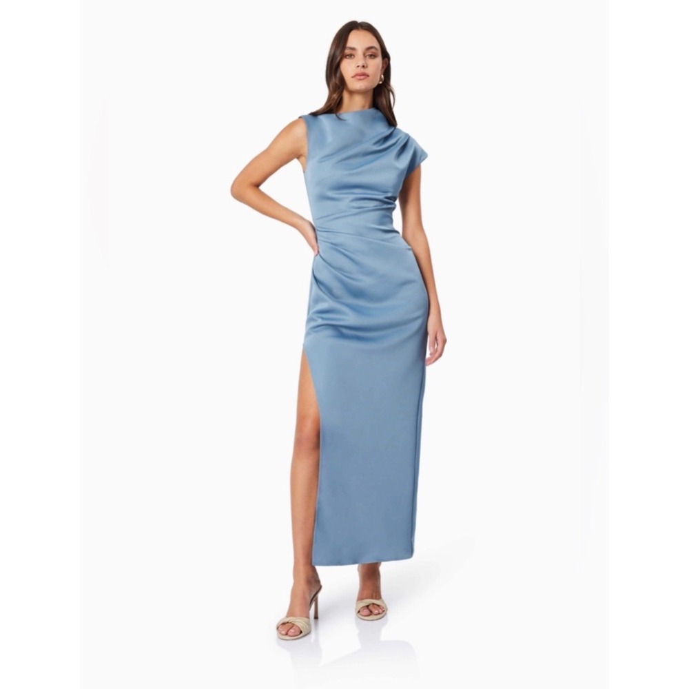 Elliatt Coralie Dusty Blue Satin Maxi Dress with Thigh Slit